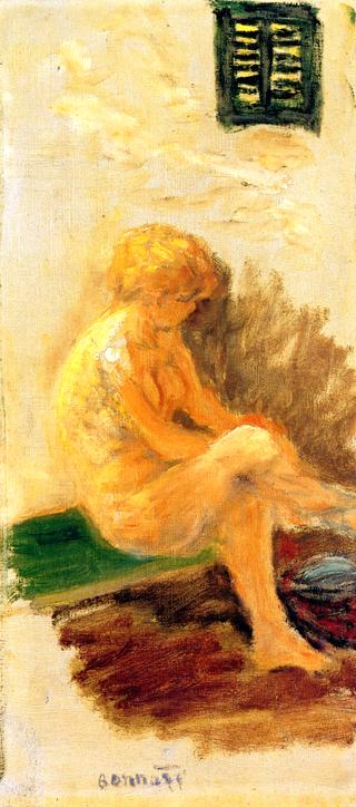 Woman Seated on a Bench in front of Closed Blinds