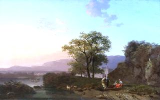 An Italianate Landscape at Sunset with Sheperdesses Resting in the Foreground