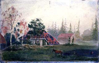 Horse and Wagon in front of Farm Buildings