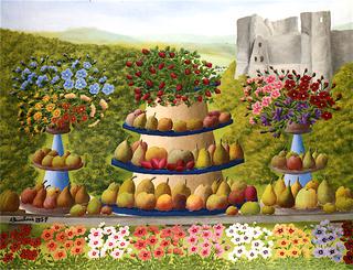 Fruits and Flowers on Round Fruit Stand in front of the Château de Lavardin