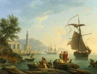 A Mediterranean Harbor at Sunset with Fisherfolk at the Water's Edge