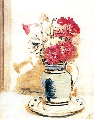 Petunias and Chrysanthemums in a Mocha Jug