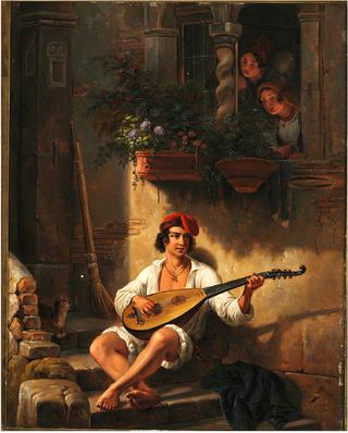A fisherman from Napels playing the zithar for two young girls in a window