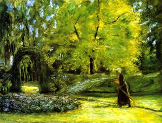 The Circular Bed in the Hedge Garden with a Woman Watering flowers