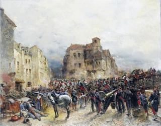 Army Advancing Through a Ruined Town