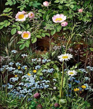Dog roses, forget-me-nots, daisies, buttercups and clover