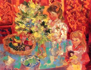 Interior with Flowers, Woman and Girl
