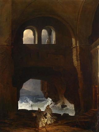 Monks in the courtyard of a monastery on the sea