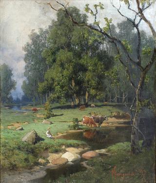 In a forest stream. Landscape with a herd