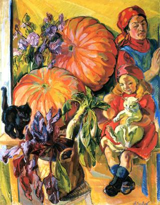 Madame Tarkhoff, Her Daughter, Pumpkin and Two Cats