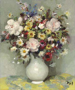 Roses, anthemis, daisies, anemones, blue iris, snapdragon in a jug