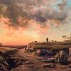 日落时分，在低矮的悬崖上放羊和羊群