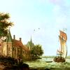 荷兰树木繁茂的河流景观，一个荷兰妓女在微风中扬帆起航