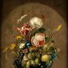 玻璃花瓶里有鲜花和水果的静物画