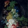 Tulips, irises, morning glories and other flowers in an urn, with grapes and a pomegranate, in a stone niche