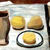 两个罐子、茶托和水果