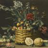 在两个大柠檬旁边的篮子里放着梨、苹果、菊花和其他花的静物画