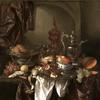Still life with fruit, roast, silver- and glassware, porcelain and columbine cup on a dark tablecloth with white serviette.