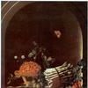 Still life with asparagus, a spray of gooseberries, a bowl of strawberries and other fruit in a niche