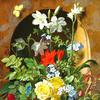 壁龛前的一朵花，玫瑰、金银花和福禄考