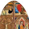 Virgin Enthroned with the Christ Child (right wing of a triptych) with the Annunciation above, Christ on the Cross (left wing of a triptych) with the Nativity above