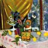静物画：粉色桌布、银莲花花瓶、柠檬和菠萝