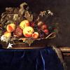 大理石窗台上有一篮子水果的静物画