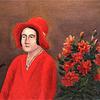 一位盛开鲜花的红衣女子的画像