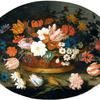 郁金香、玫瑰、水仙花、水仙花、风信子、银莲花和篮子里的鸢尾的静物画