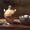 陶瓷壶、鸡蛋和刀子的静物画